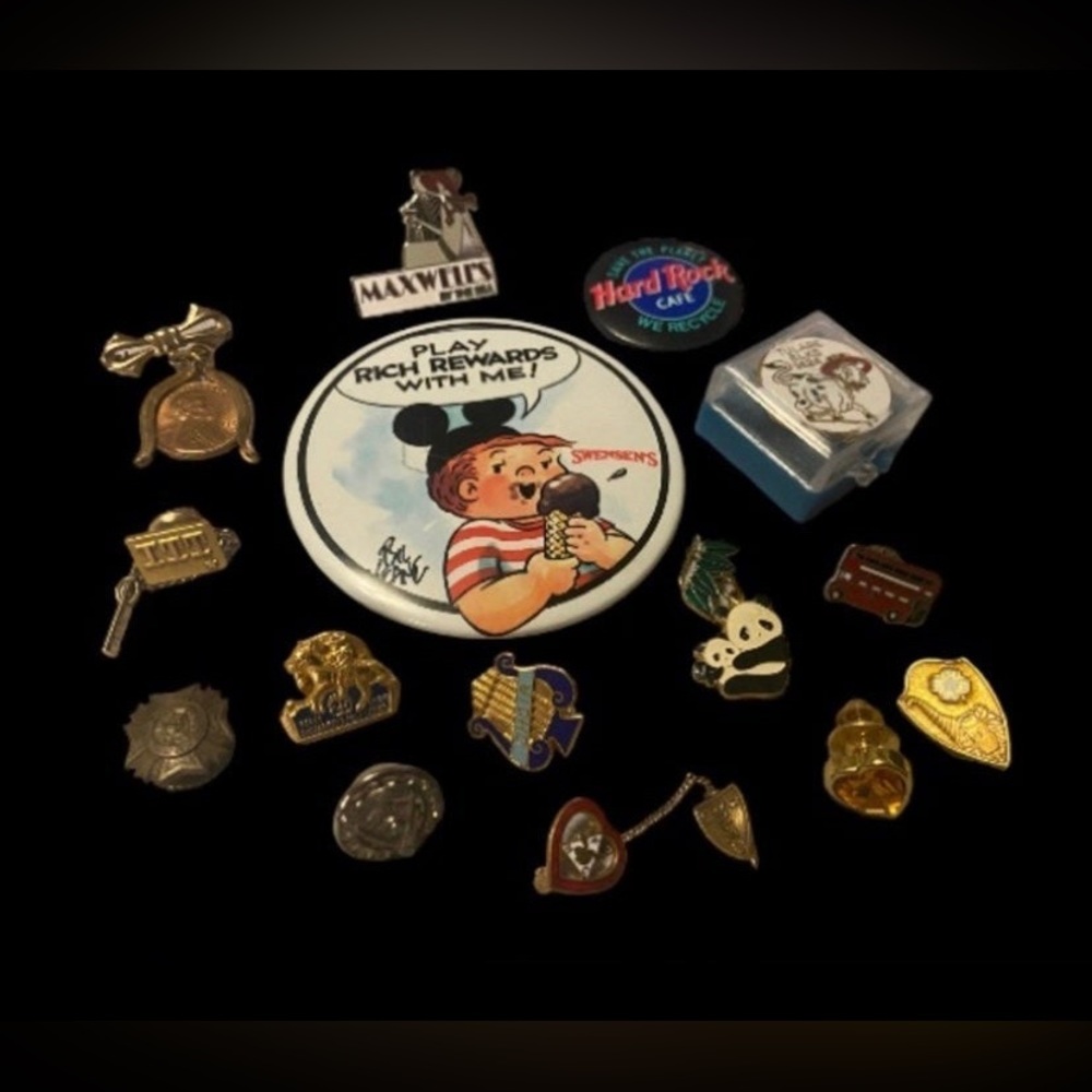 Assorted Vintage Enamel and Metal Pins - Mixed Brands, Black & Gold Accents